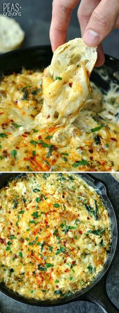 the process of making an egg casserole is shown in two different pictures, one being scooped with a wooden spoon