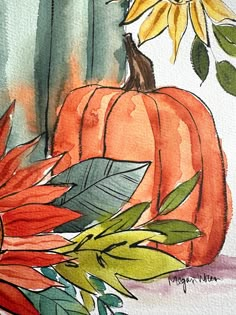 a watercolor painting of pumpkins and flowers