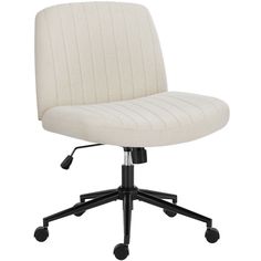 a white office chair with wheels and casteors