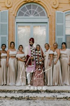 a bride and her bridal party posing in front of a building with the caption choose your bridesmaids with us