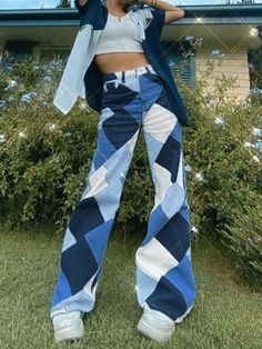 Diamond Check Print Contrast High-waisted Straight-leg Jeans - LuckyFash™ Straight Pants Women, Flowy Bohemian Dresses, Trendy Maxi Dresses, Streetwear Spring, Stylish Midi Dress, Harajuku Aesthetic, Patchwork Fashion, Y2k Harajuku, Ootd Dress