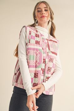 Our "Patchwork Puff Quilted Vest" is a magenta brown multi colored puffer vest. It is sleeveless and has a patchwork design on it. Pink Cotton Vest For Fall, Casual Multicolor Patchwork Vest, Multicolor Patchwork Vest For Spring, Puff Quilt, Quilted Vest, Patchwork Designs, Puffer Vest, Kids Accessories, Multi Colored