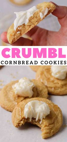 a close up of a person holding a cookie with cream cheese on top and the words crumbl cornbread cookies above it