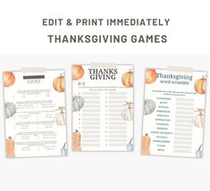 three thanksgiving games with the words edit and print immediately, thanks giving games on them