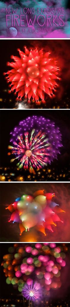 fireworks are lit up in the night sky with different colors and shapes on them, as well