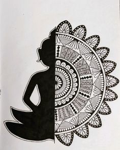 a drawing of a woman sitting in the middle of a circle with an intricate design on it