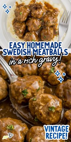 meatballs with gravy and mashed potatoes are served on a white plate