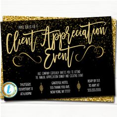 a black and gold event ticket with the words, client appreciation event written on it