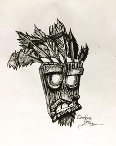 a drawing of a mask with leaves on it