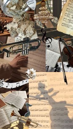 an artistic collage of music and musical instruments with sheet music in the foreground