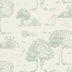 a wallpaper with trees and bushes on the side, in light green color scheme