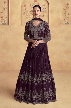 Purple Anarkali, Anarkali Designs, Anarkali Dresses, Georgette Anarkali, Gown With Dupatta, Gown Party Wear