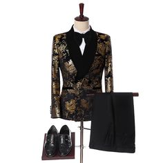 2019 Elegant Black Velvet Gold Flower Double Breasted Groom Tuxedo For - HESHEONLINE