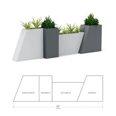 three planters with plants growing out of them on top of a white background and below