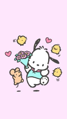 a drawing of a bunny holding a bouquet of flowers