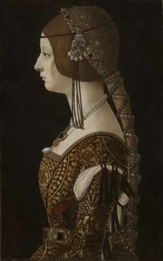 a painting of a woman in an ornate dress with pearls on her head and neck