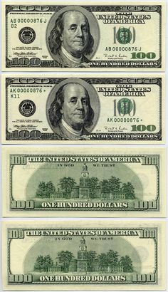 three stacks of one hundred dollar bills with the same bill on top and two dollars below