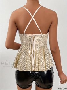 Peilia - Exquisite Sequined V-neck Ruffle Trim Top: Stylish Sleeveless Cross Back Cami Top for Club & Party, Womens Fashion V-neck Strappy Tank Top For Parties, Party V-neck Tank Top With Straps, Glamorous Spring Party Camisole, Halter Neck Party Tops With Straps, Party Halter Neck Top With Straps, Summer Party Halter Top With Ruffles, Chic Gold Halter Top For Party, Party Sleeveless Camisole, Party Camisole Vest Tops