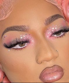 Pink Bday Makeup Looks, Light Pink Makeup With Gems, Barbie Pink Makeup Looks Black Women, Pink Diamond Makeup Looks, Prom Makeup Looks Pink, Prom Makeup With Pink Dress, Pink Bday Makeup, Pink And Silver Makeup Looks Black Women, Pink Prom Makeup Looks Black Women