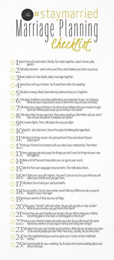 a marriage planning checklist with the words, stay married and marriage planning checklist