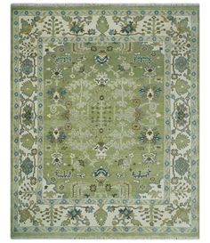 a green rug with blue and white accents