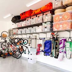 there are many bikes and bags on the shelves