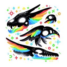 three black masks with rainbow colored wings