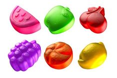 six different types of fruit shaped chocolates on a white background