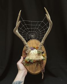 a hand holding a wooden plate with antlers on it and spider web in the center