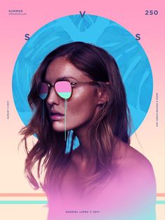 a woman with sunglasses on her face in front of a pink and blue poster that says,