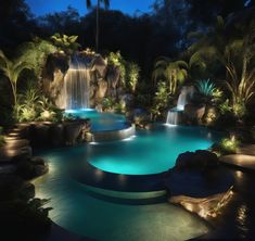 an outdoor swimming pool with waterfall and lights at night time, surrounded by palm trees