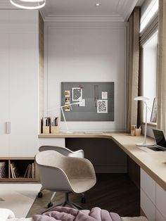 an office with a desk and chair in the corner, next to a book shelf