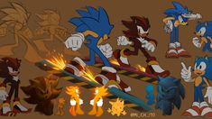 sonic the hedgehog and other cartoon characters are shown in various poses, with fire coming out of their mouths