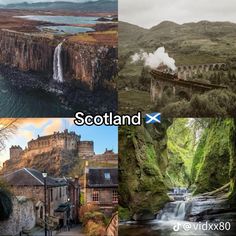 four different pictures with the words scotland in front of them and an image of a waterfall