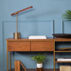 a wooden desk with a lamp on top of it next to a potted plant