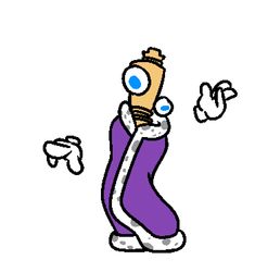 an image of a cartoon character with blue eyes and purple pants, holding something in his hand