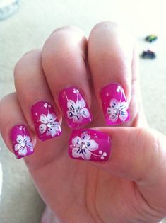 How to Paint a Flower on your Nail with Flower Nail Art Designs Tropical nail designs, Flower Nail Art Flowers Designs, Tropical Flower Nails, Hawaiian Flower Nails, Flower Toe Nails, Tropical Nail Designs, Nails For Summer, Flowers Nails, Art Pinterest, Tropical Nails