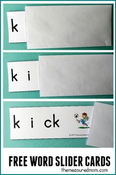 two pictures with the words kick and free word slider cards for kids to use