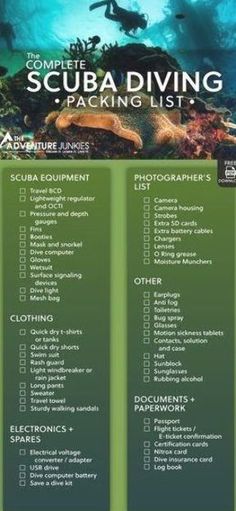 the scuba diving packing list is displayed on a green background with an underwater scene in the background