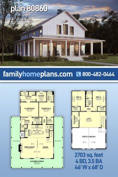 two story house plan with 3 bedroom and 2 bathrooms in the front, an open floor plan