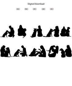 the silhouettes of people and dogs are shown in different positions, including one with a dog