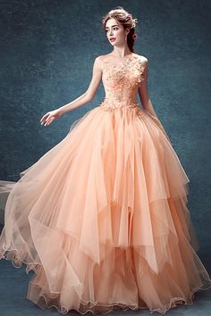 10% off now|Shop affordable peach ball-gown high neck floor-length tulle wedding dress with flowers online. Custom-made any size or color. Pro since 2009. Poofy Dresses, Peach Wedding Dress, Peach Prom Dresses, Debut Gowns, Engagement Gown, Peach Gown, Peach Color Dress, Ruffle Dresses, Pink Ball Gown