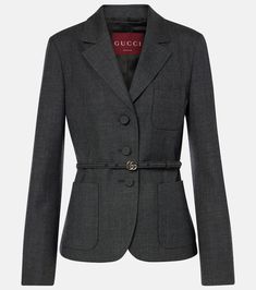 Double G belted wool grisaille blazer in grey - Gucci | Mytheresa Gucci Outfits, Color Name, Grey Blazer, Polo Sweater, Blazer Fashion, Leather Ankle Boots, Shoulder Pads, Blazer Jacket, Designing Women