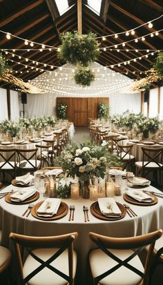 the tables are set with place settings and greenery on them for an elegant wedding reception