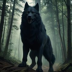 a black wolf standing in the middle of a forest