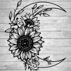 sunflowers and crescent moon on wood background