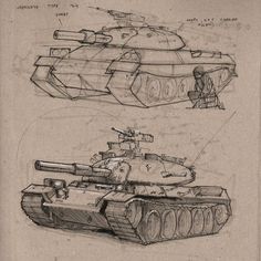 two drawings of tanks, one with turrets and the other without turrets on it