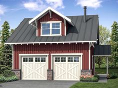 a red and white garage with two windows on the top floor next to a driveway