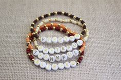 Thanksgiving Beaded Bracelets, Fall Heishi Bead Bracelets, Fall Seed Bead Bracelets, Thanksgiving Clay Bead Bracelets, Thanksgiving Bracelet Ideas, Fall Bracelets Clay Beads, Thanksgiving Bead Bracelet, Bead Word Bracelet, Fall Beaded Bracelets