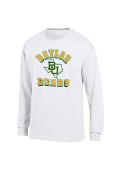 Show off your team pride in this Baylor Bears White State Long Sleeve T Shirt! This Baylor Long Sleeve Tee features a screen printed wordmark `Baylor Bears` with the BU logo in the state of Texas. Make sure everyone knows you root for the Bears with this White Baylor T Shirt. Go Bears! Ribbed cuffs, Screen print graphic on center chest, Distressed graphic, Unisex, 100% Cotton Long Sleeve College T-shirt With Branding, Custom Print Long Sleeve College T-shirt, Collegiate Long Sleeve T-shirt With Graphic Print, Long Sleeve College Fan Apparel T-shirt, Team-colored Long Sleeve T-shirt With Graphic Print, Vintage Long Sleeve College T-shirt, Baylor Bears Shirt, Collegiate Long Sleeve Graphic Print T-shirt, College Shirts